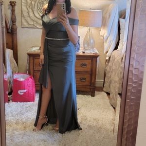 Green, high slit, long formal beaded dress